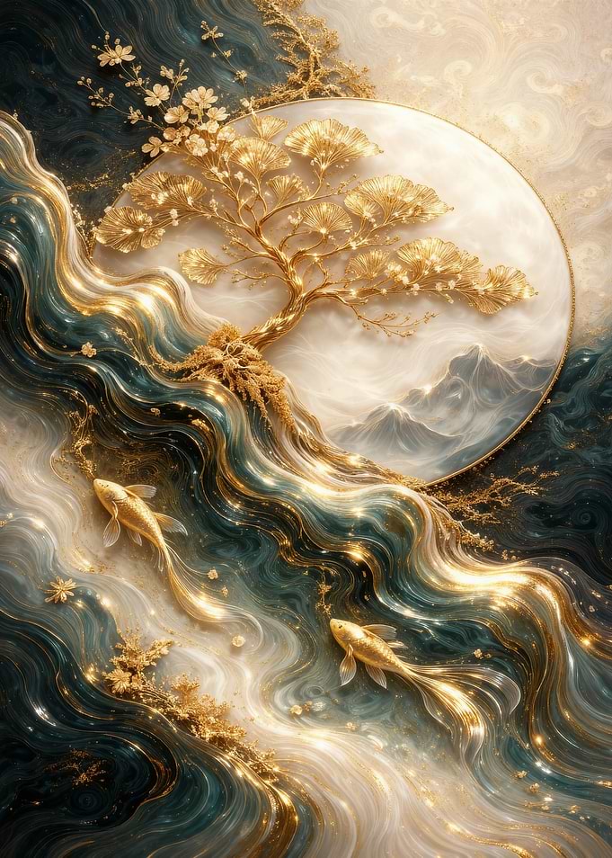 Golden Koi Fish and Bonsai Tree