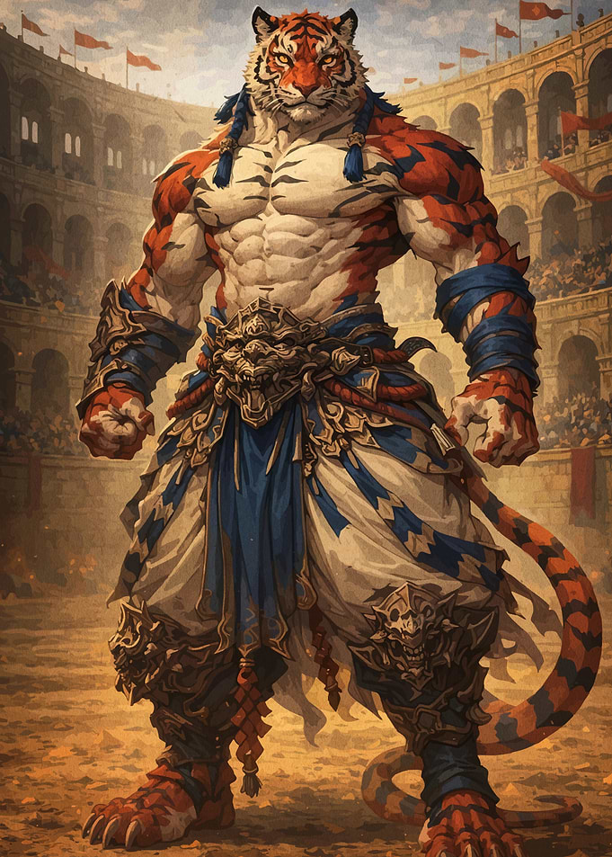 Muscular Tiger Gladiator in Arena