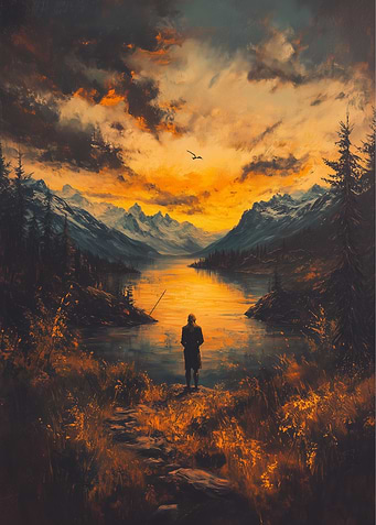 Fisherman at Lake with Mountain View