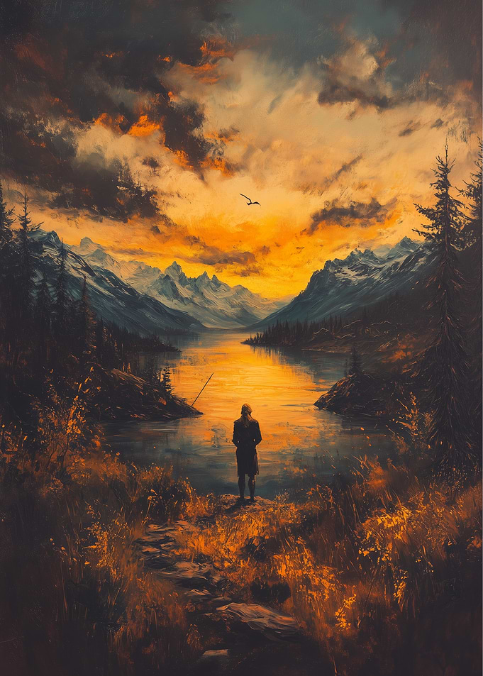 Fisherman at Lake with Mountain View