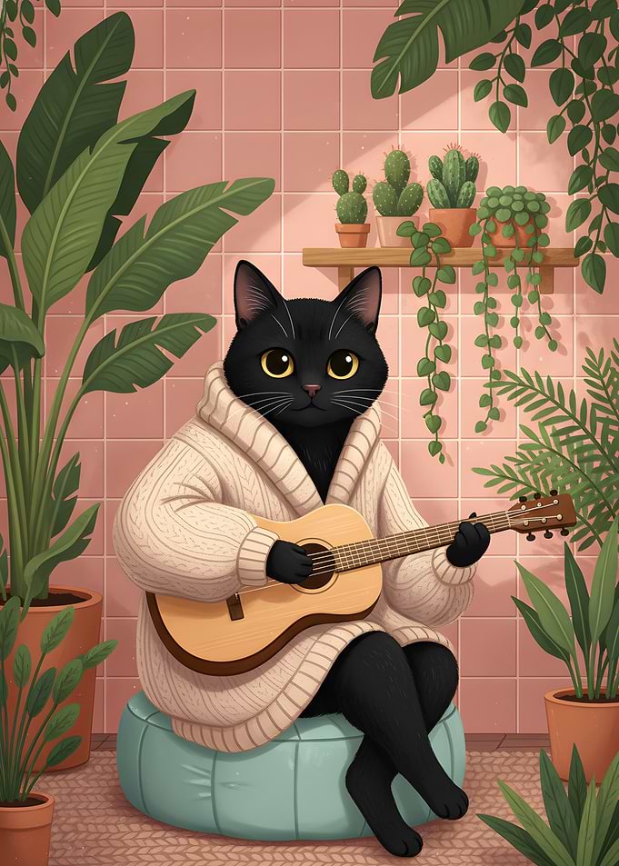 Cat playing guitar in a cozy room
