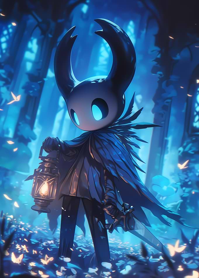 Hollow Knight in a Blue Forest