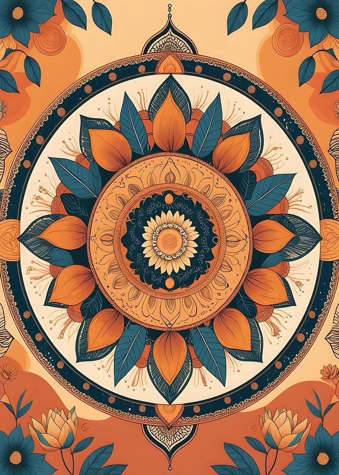 Floral Mandala Art in Orange and Teal