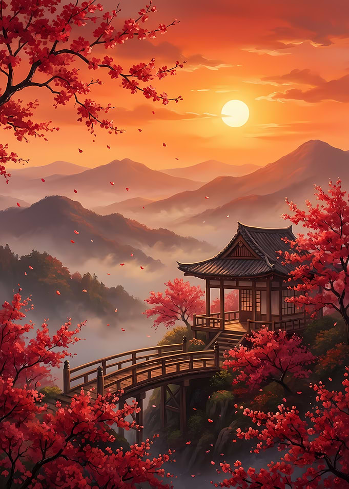 Japanese Temple with Cherry Blossoms Sunset