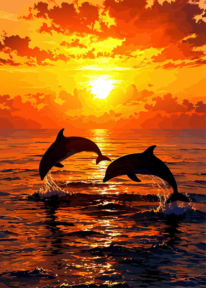 Dolphins jumping at sunset