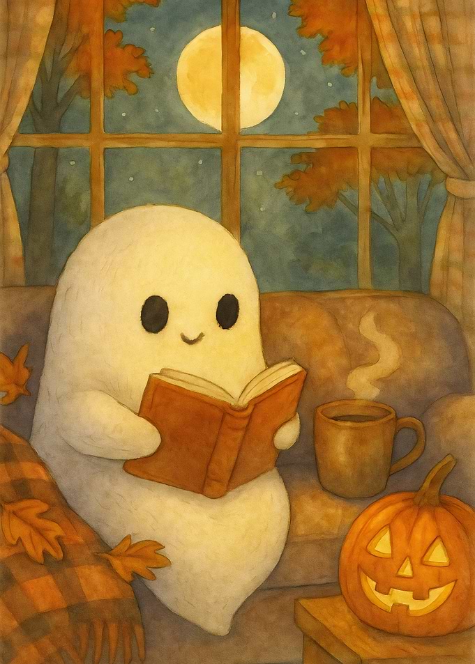 Cozy Ghost Reading on Autumn Night