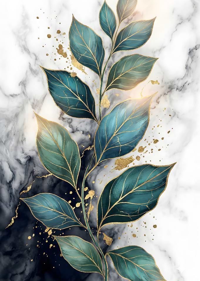 Teal and Gold Leaves on Marble