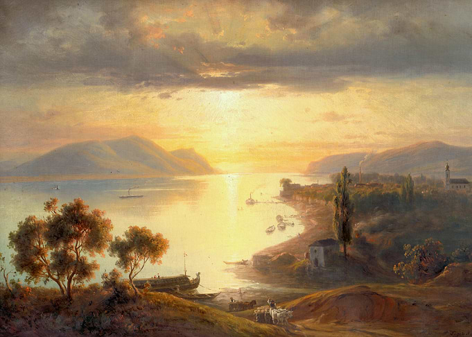 Golden Sunset Over Lake and Landscape