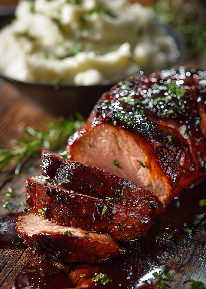 Sliced Glazed Pork Loin with Mashed Potatoes