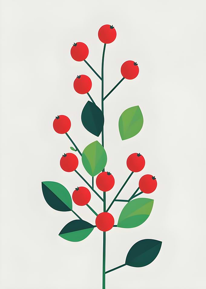 Stylized Red Berries and Green Leaves