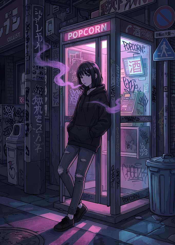 Anime Girl in Urban Nightscape