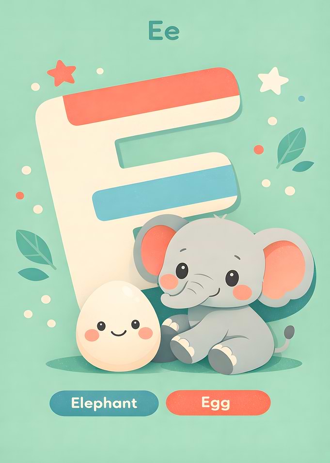 Letter E with Elephant and Egg