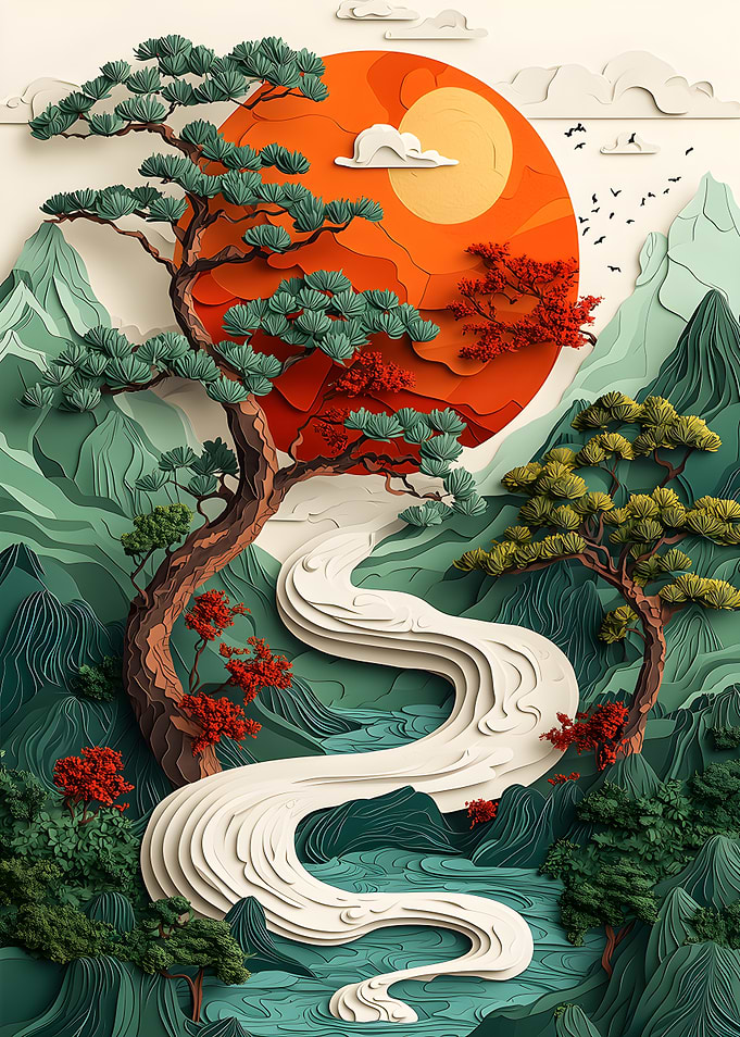 Paper Cut Landscape with River and Sun
