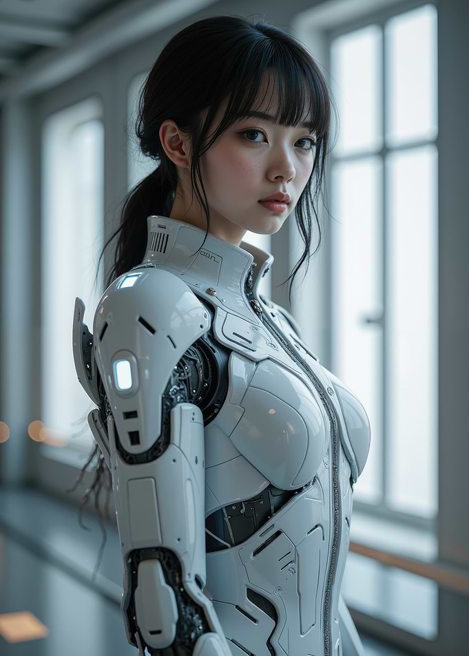 Asian Woman in Futuristic White Armor