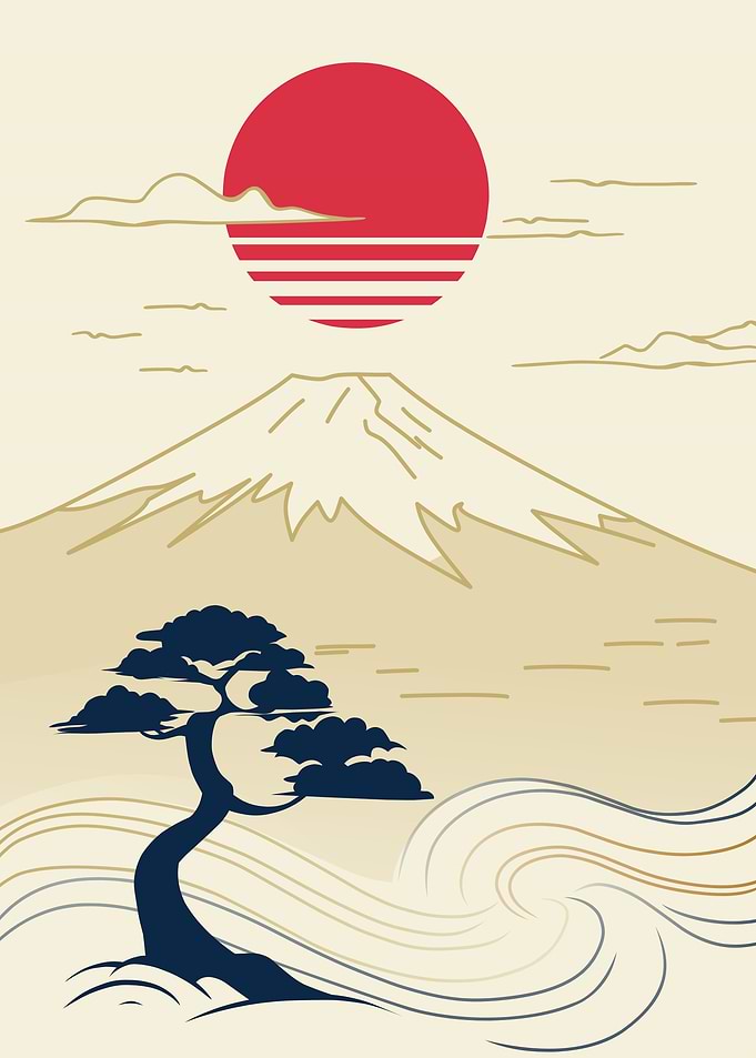 Japanese Landscape with Mount Fuji and Sun