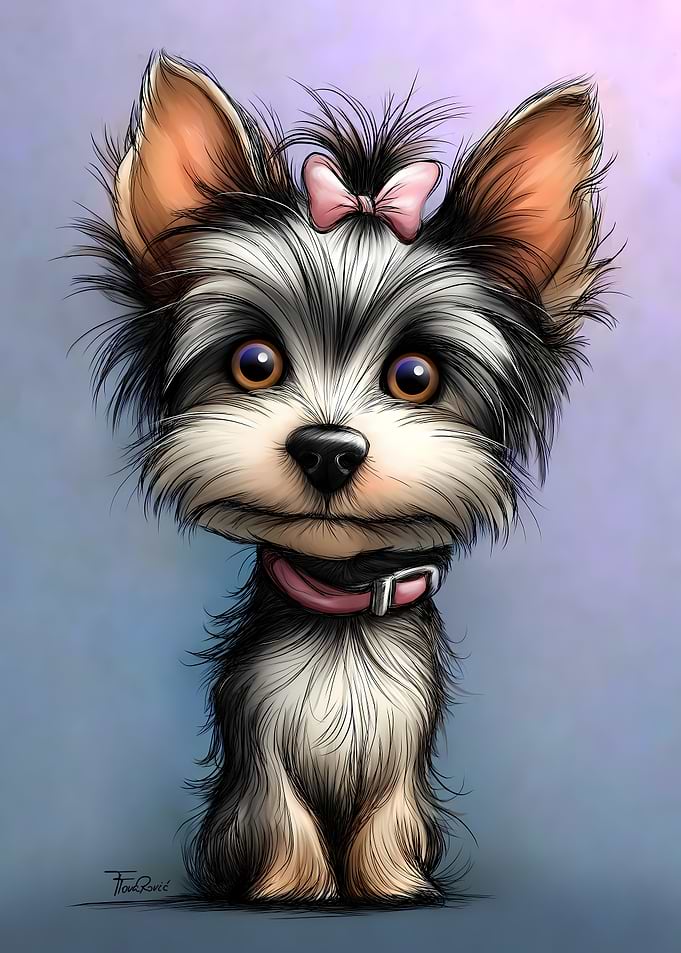Yorkshire Terrier Caricature with Pink Bow