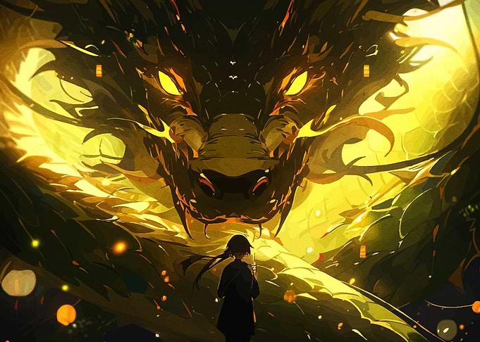 Girl and Golden Dragon Digital Art