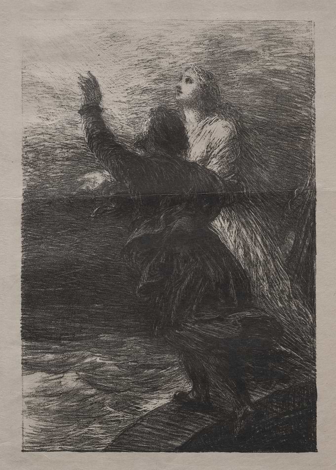 Monochrome etching of a man and woman