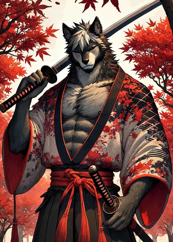 Wolf Samurai in Autumn Landscape