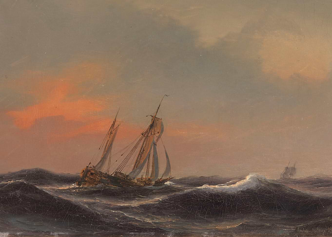 Seascape painting with sailing ships