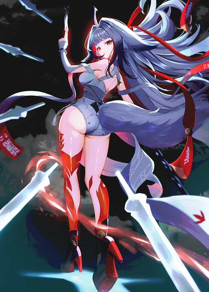 Anime Girl with Swords and Red Ribbons
