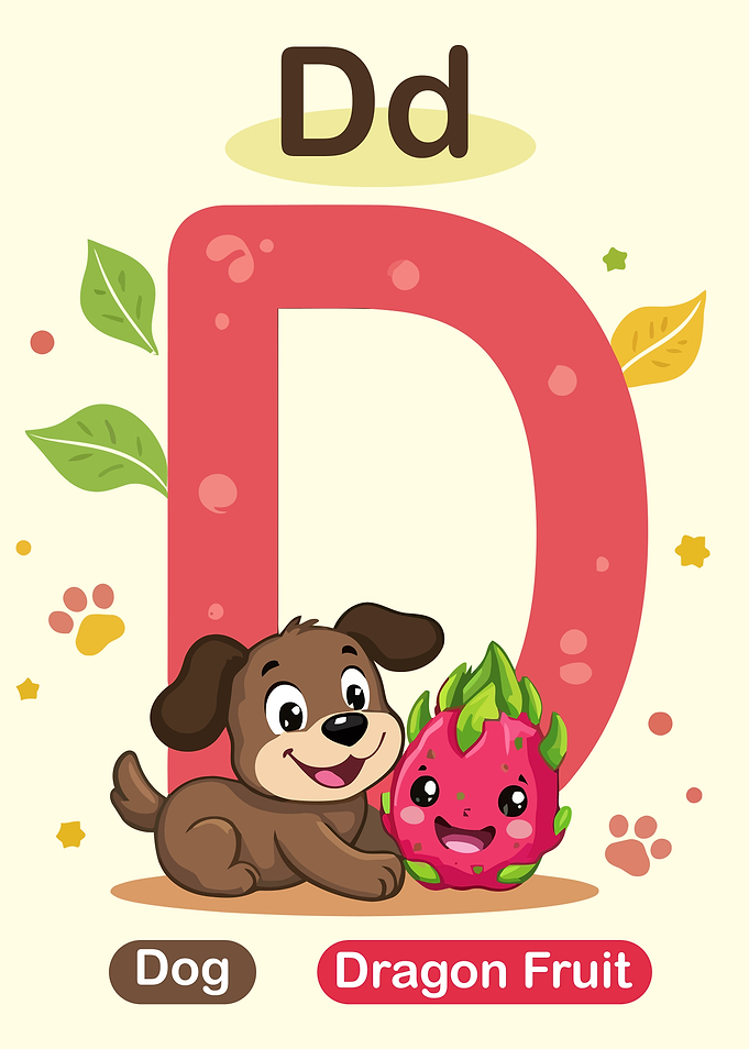 Letter D with Dog and Dragon Fruit
