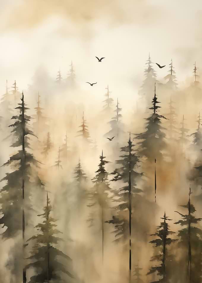 Misty Forest with Birds