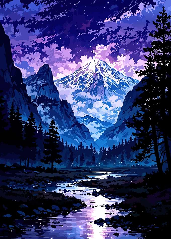 Anime Style Mountain Landscape with River