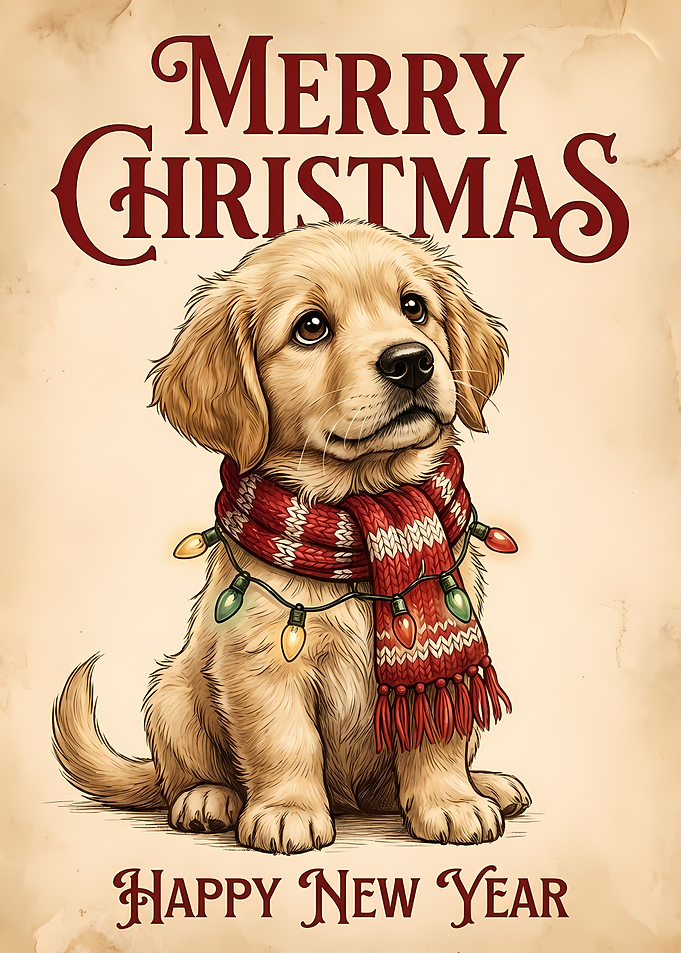 Christmas Puppy with Scarf and Lights