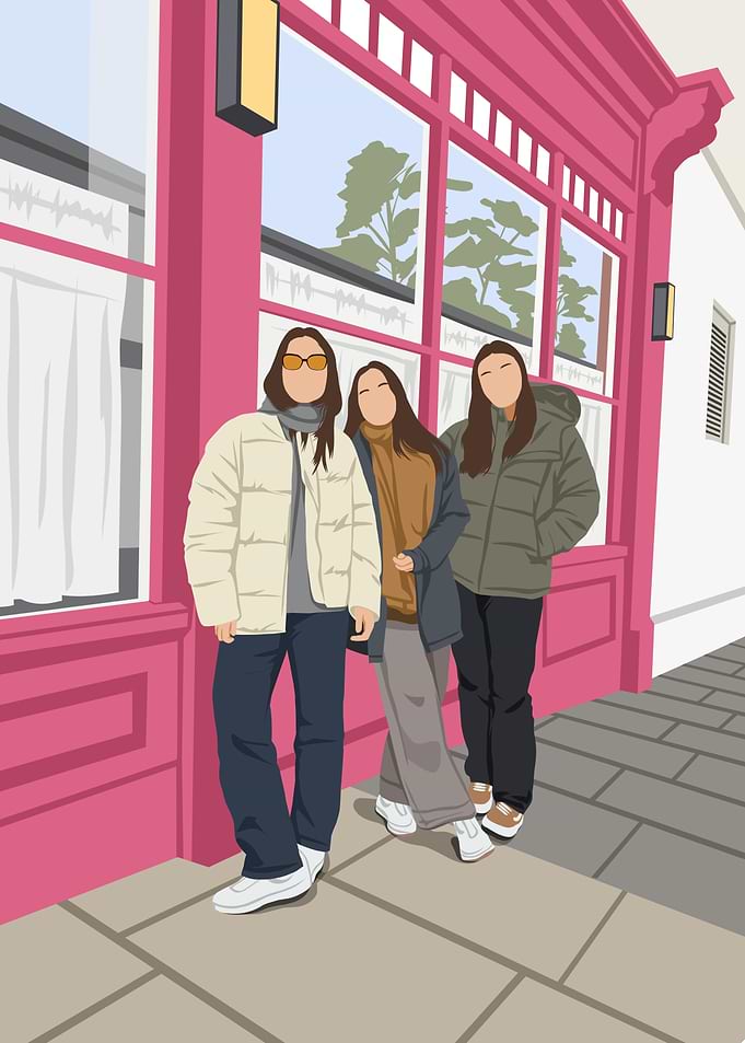 Minimalist Faceless Girls Street Fashion Illustration in Pink City