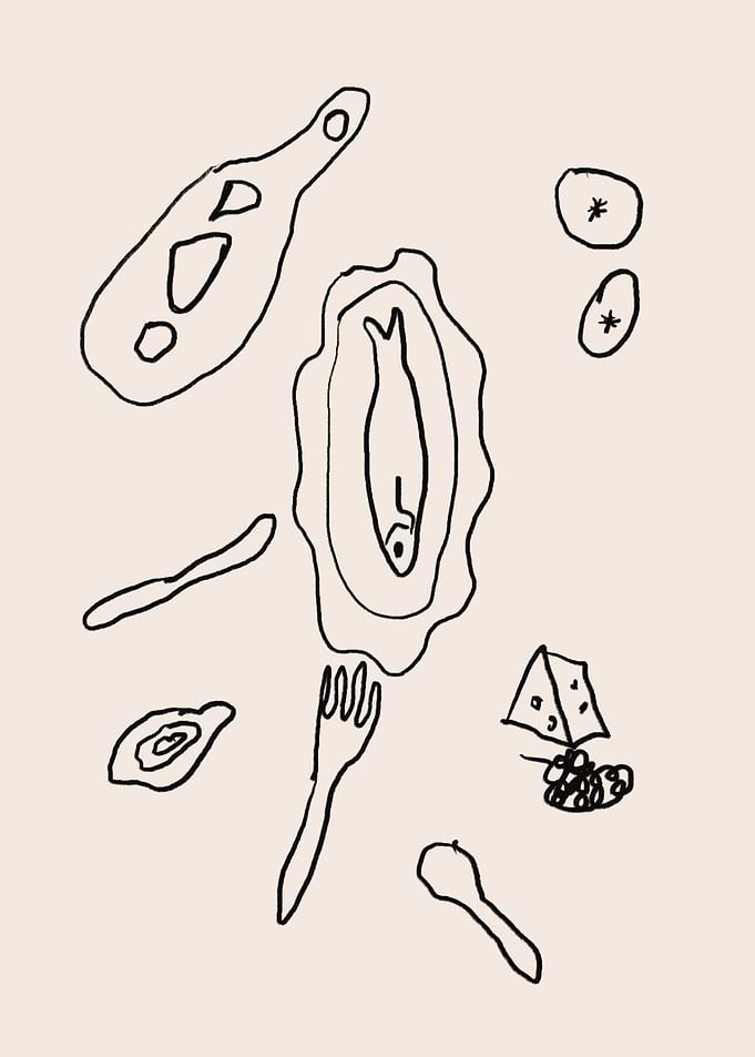 Sketch of food items on table
