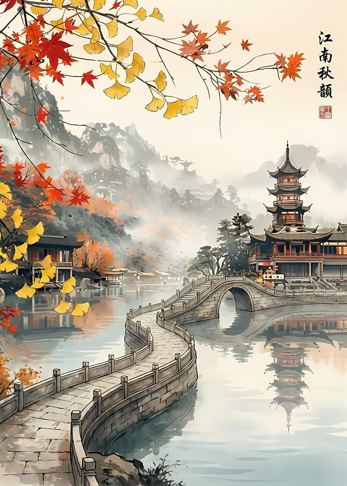 Autumnal Chinese Landscape with Pagoda