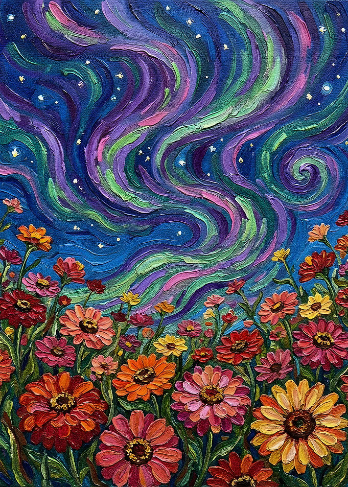 Floral Field Under Aurora Borealis Painting