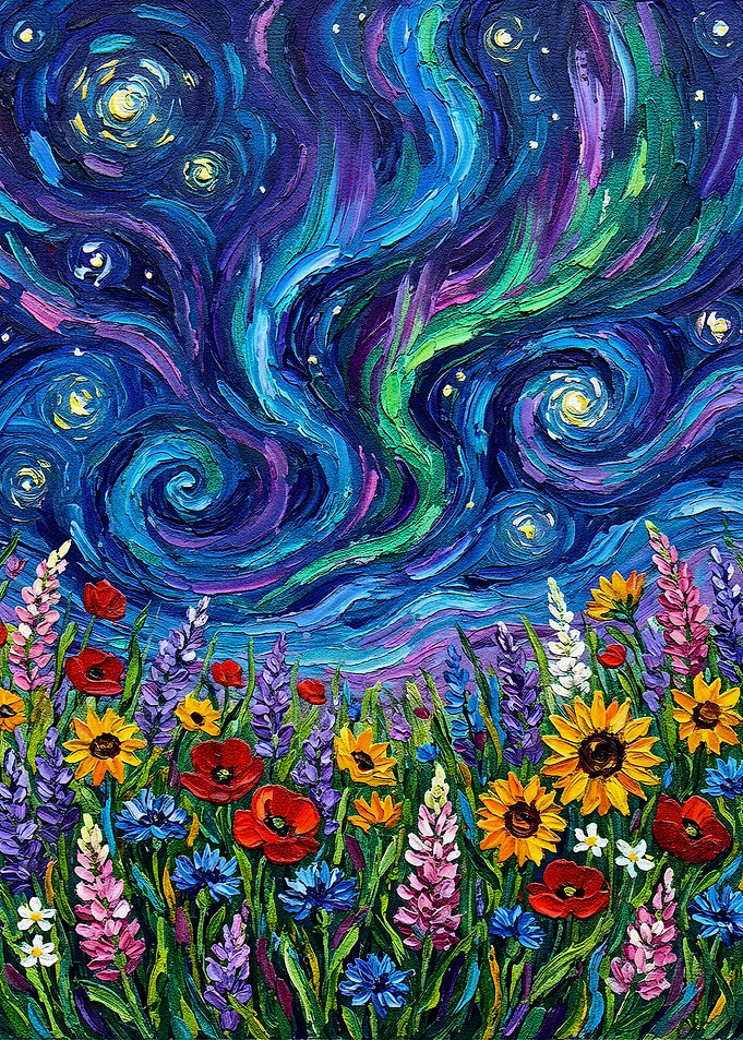 Floral Field Under Swirling Night Sky