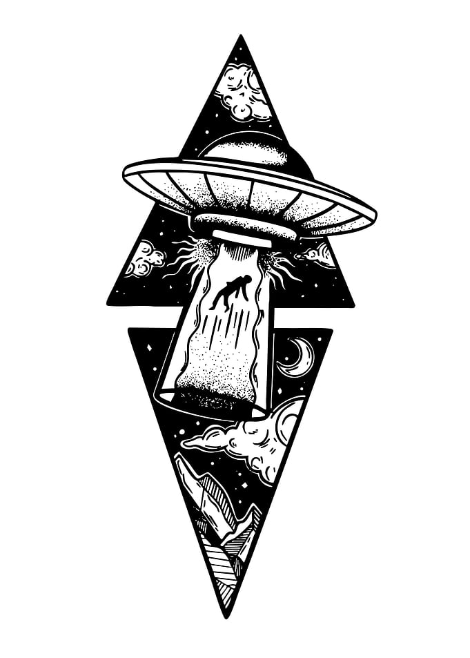 UFO Abduction Black and White Illustration