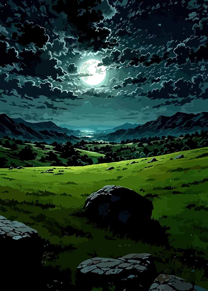 Moonlit Green Valley Landscape