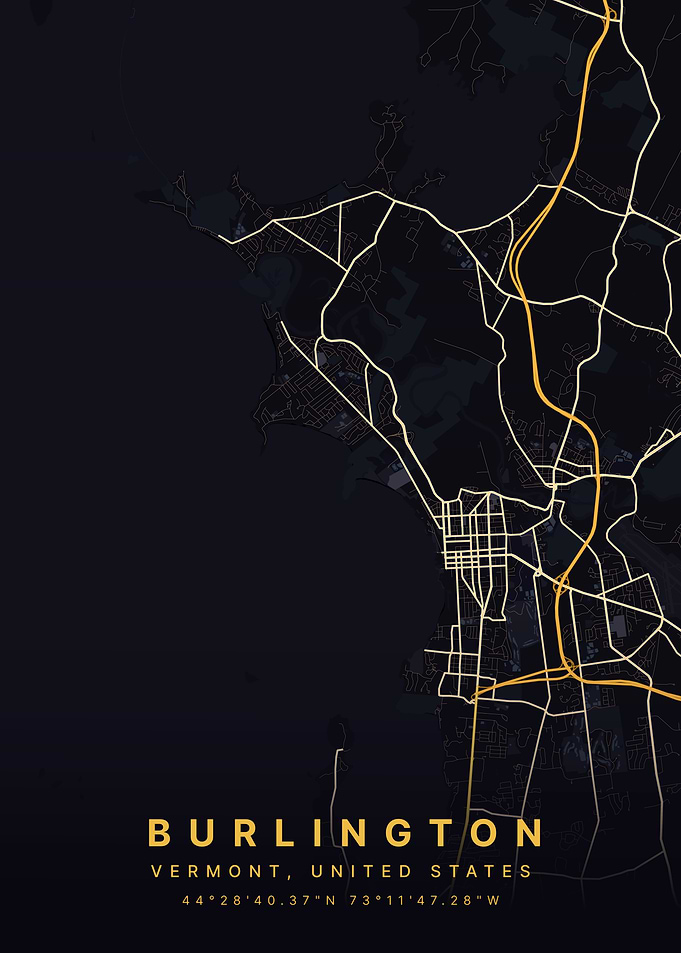 Burlington Vermont Black and Gold Map