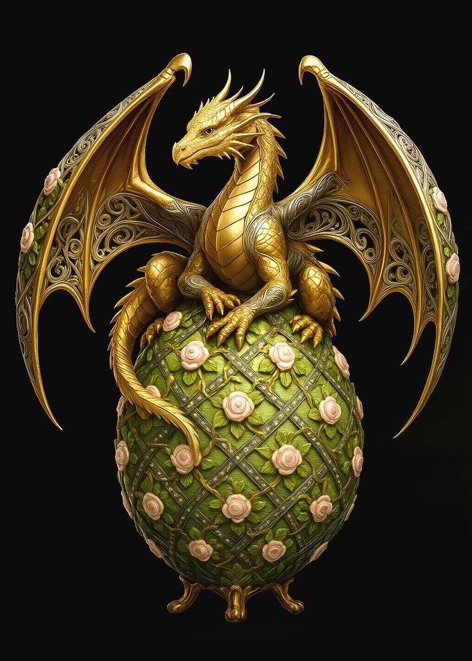 Golden Dragon Perched on Floral Egg