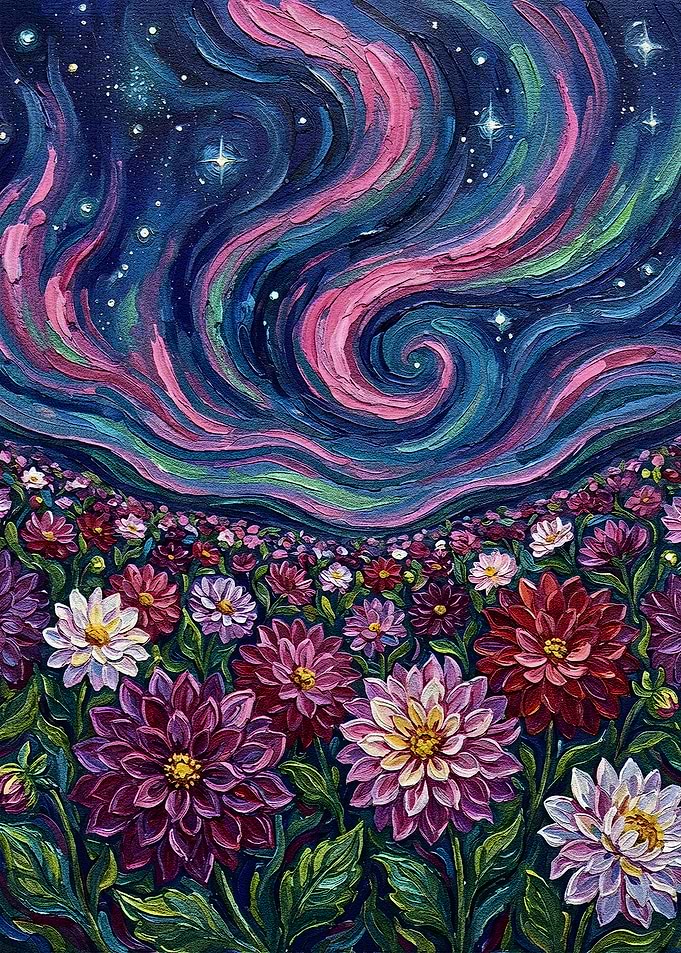 Floral Field Under Aurora Borealis Painting
