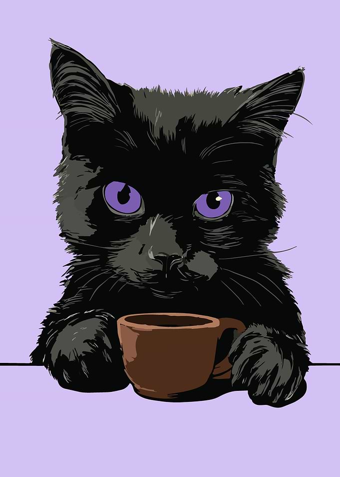 Black Cat with Coffee Cup Illustration
