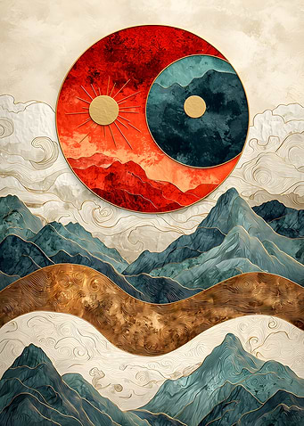 Abstract Mountain Landscape with Sun and Moon