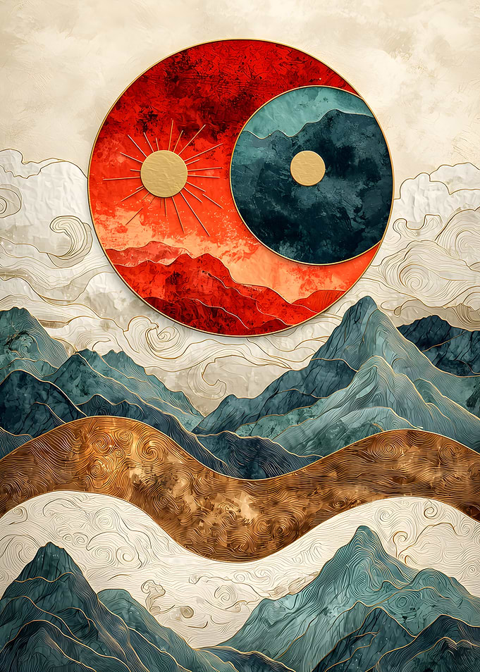 Abstract Mountain Landscape with Sun and Moon