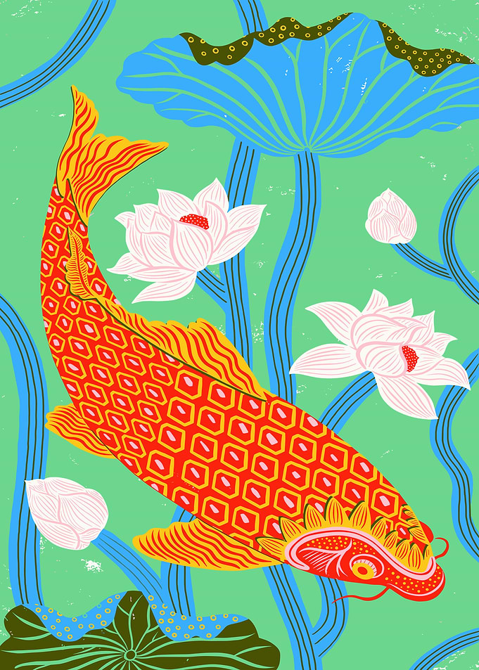 Koi Fish and Lotus Flowers Illustration