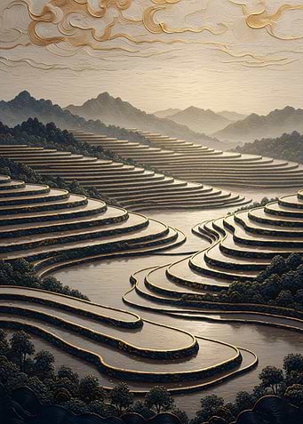 Rice Terraces at Golden Hour – Nature Asie Gilded Zen Relief Art