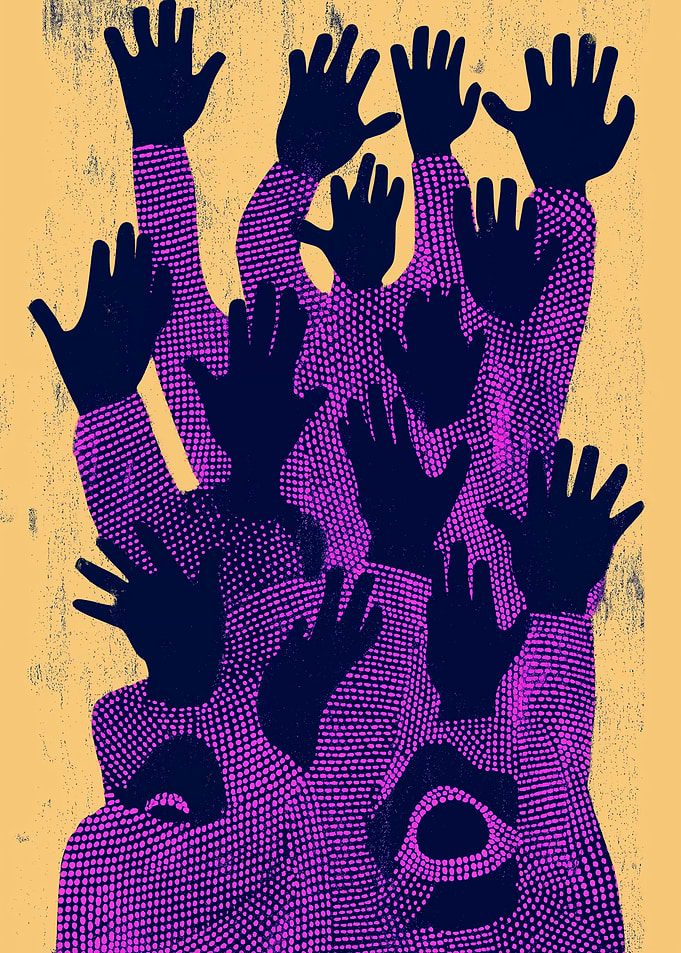 Hands Raised in Purple and Black