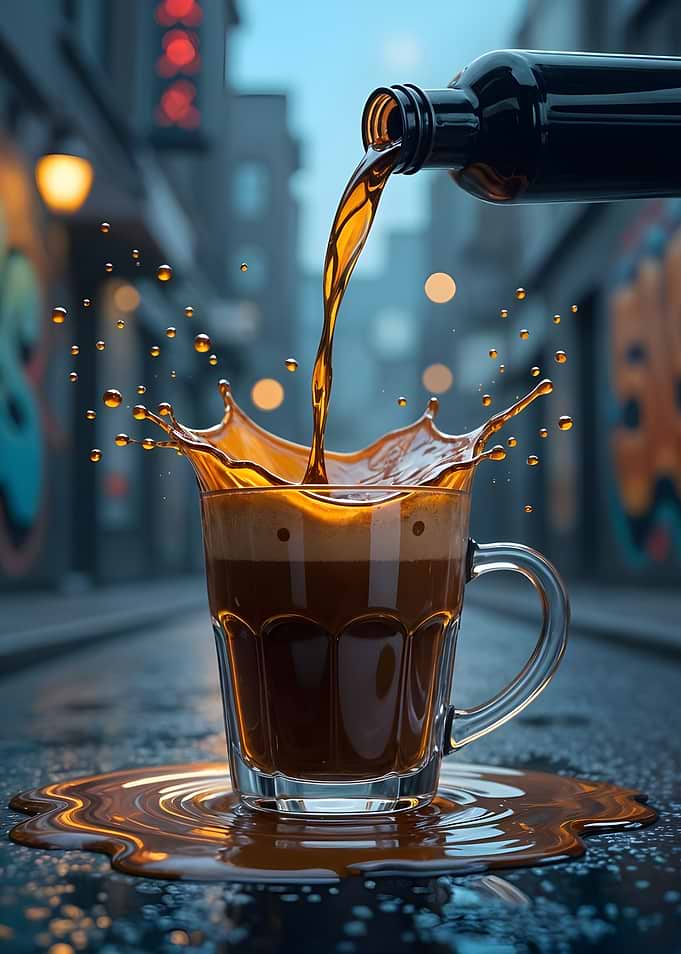 Coffee splash in a glass mug