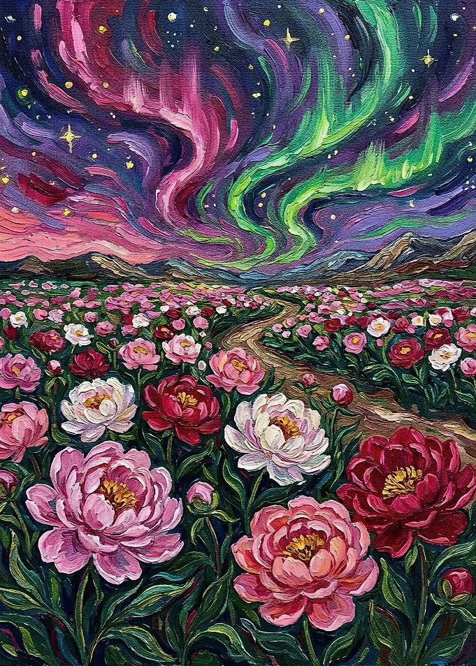 Aurora Borealis over Peony Field Painting