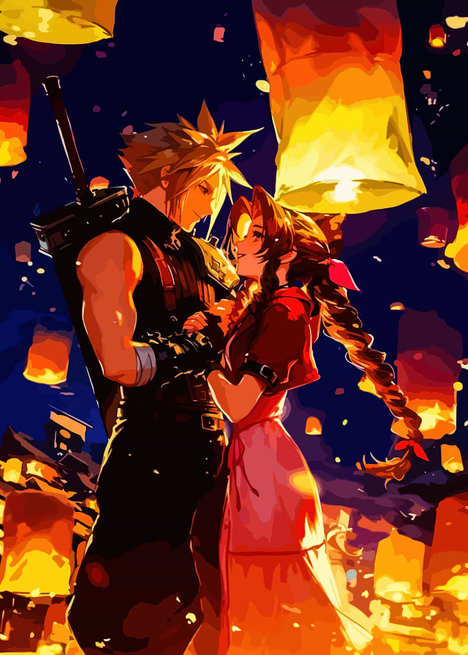 Cloud and Aerith under Lanterns