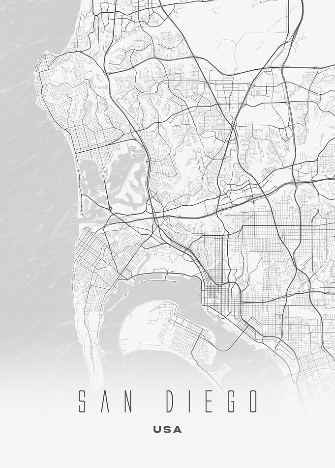 San Diego, California - Minimal Coastal City Streets Map, USA Wall Poster