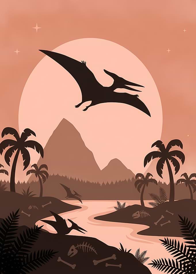 Pterodactyls in Prehistoric Landscape Silhouette Art